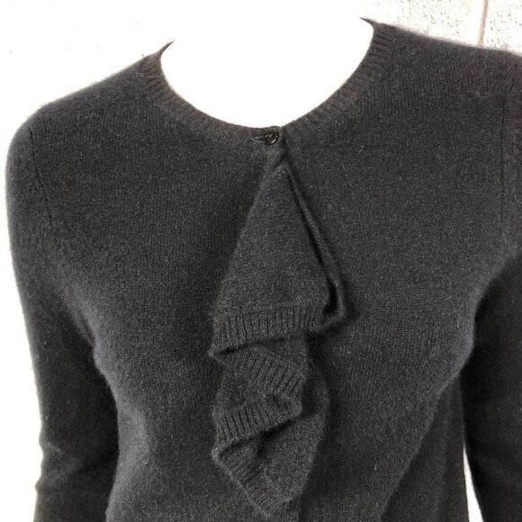 Womens Sutton Cashmere Black 100% Cashmere Cardigan Sweater Ruffle Detail Size M - Picture 4 of 5